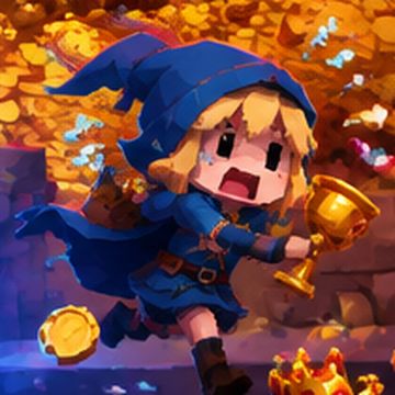 Concept art close-up: a blonde thief in a blue witch hat sprinting with a golden goblet.