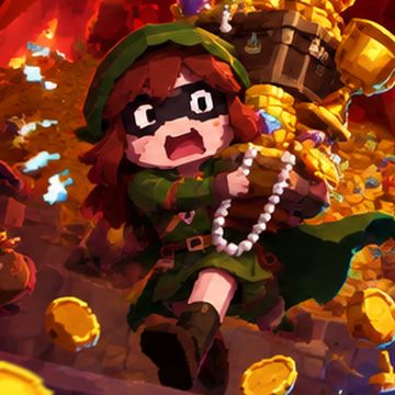 Concept art close-up: a masked thief in a green hood hugging a towering stack of coins, a chest and a crown.