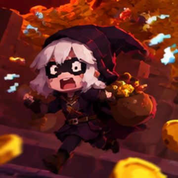 Concept art close-up: a white-haired masked thief in a dark hat running with a sack of gold.