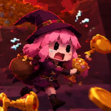 Concept art close-up: a pink-haired thief in a purple witch hat fleeing with a loot sack.