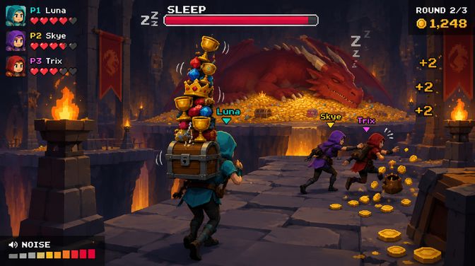Early concept art gameplay mockup: a hooded thief carries a teetering tower of goblets, gems, a crown and a chest past the sleeping red dragon, with a sleep meter and noise meter on screen.