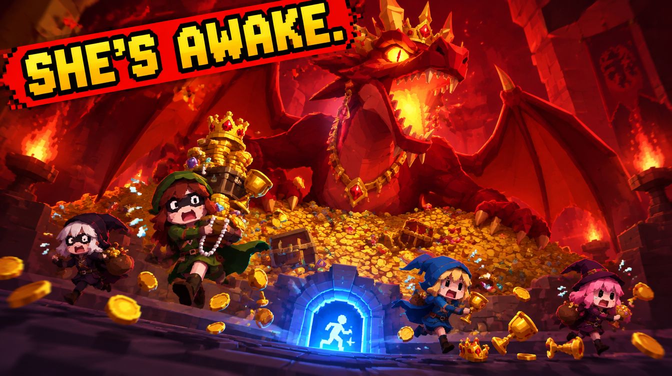 Early concept art: a huge red dragon queen in a gold crown roars awake over her treasure hoard while four masked chibi thieves sprint for a glowing blue exit door, coins and goblets flying everywhere.