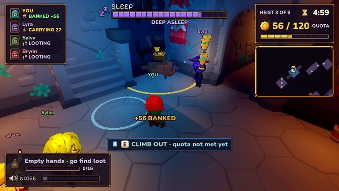 In-game: a thief banks loot at the getaway cart near the lit entrance stairs.