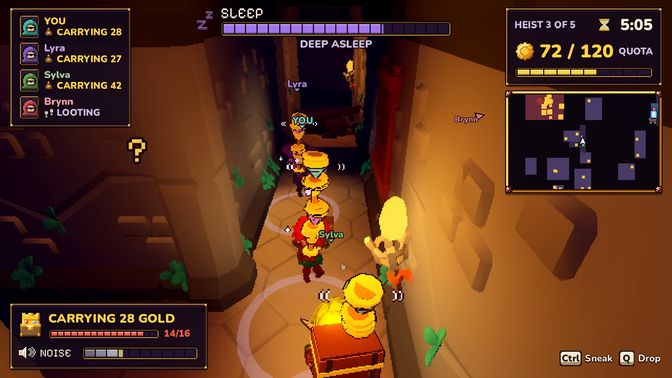 In-game: a thief with a wobbling tower of loot walks a narrow stone corridor behind two crewmates, with the heist HUD showing the sleep meter, quota and minimap.