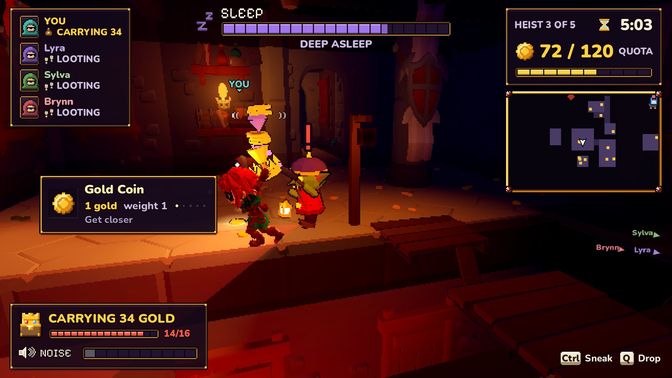 In-game: a goblin guard with a lantern swings at a thief whose loot tower is tipping over.