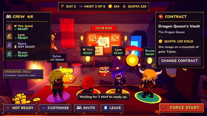 In-game: four thieves stand in the hideout lobby in front of the contract board, with the crew list and contract panel on screen.