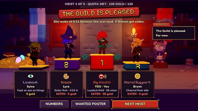 In-game: the crew on the awards podium after a heist, each with a funny award card.