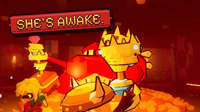 In-game: the red Dragon Queen wakes over her hoard under a banner that reads She's awake.