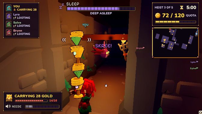 In-game: a thief with a tall loot tower walks under a shrieking bat in a dark corridor.