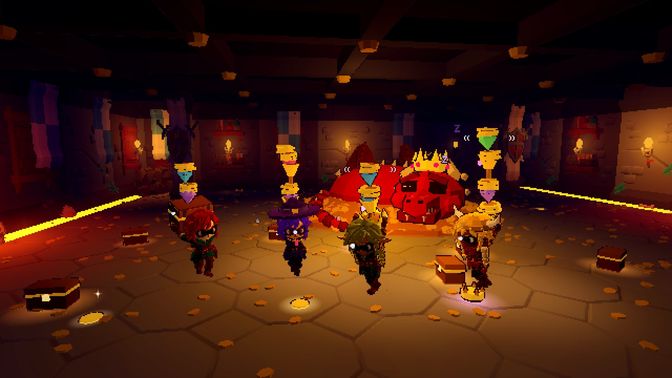 In-game: four chibi thieves with tall stacks of goblets, gems and chests stand in a torchlit vault in front of a sleeping red dragon queen wearing a gold crown.